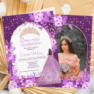 Convites princesa de tiara floral rosa de ouro, púrpura Qui