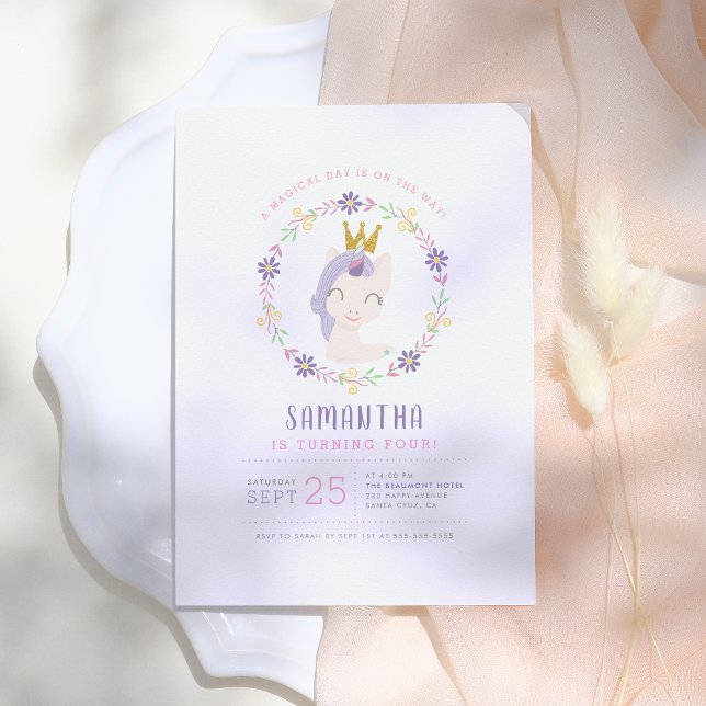 Convites Princesa de Unicórnio Magia | Aniversário rosa e D (Criador carregado)