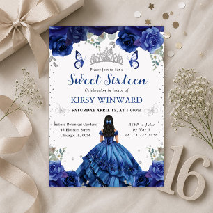 Convites Princesa de Vestido Azul e Cabelo Preto Doce 16