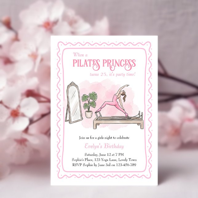 Convites Princesa do Pilates Rosa Noite de Meninas Aniversá (Pilates Princess birthday invitation with hand-drawn wiggly frame and reformer pilates scene)