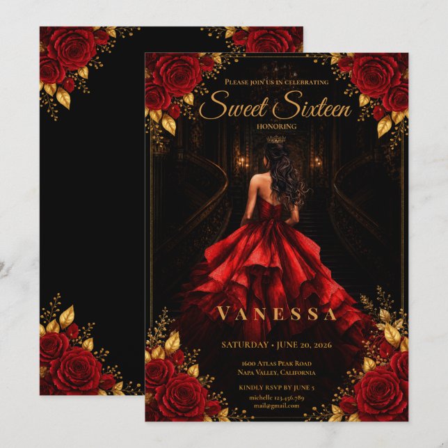 Convites Princesa Doce 16 Vermelho Dourado (Frente/Verso)