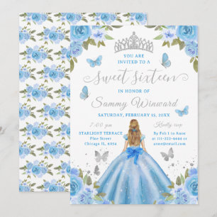 Convites Princesa dos Doze Anos Floral Azul Tiara Prateada