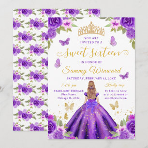 Convites Princesa dos Doze Anos Floral Roxo Tiara Dourada