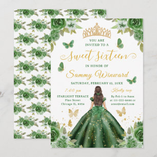 Convites Princesa dos Doze Anos Floral Verde Tiara Dourada