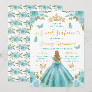Convites Princesa dos Doze Anos Turquesa Floral Tiara Doura