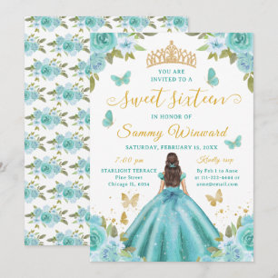 Convites Princesa dos Doze Anos Turquesa Floral Tiara Doura