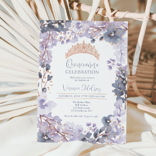Convites Princesa Dourada de lavanda floral tiara Quinceane