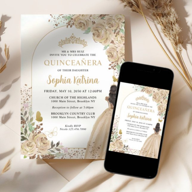 Convites Princesa Dourada Floral Birthday Quinceanera (Criador carregado)