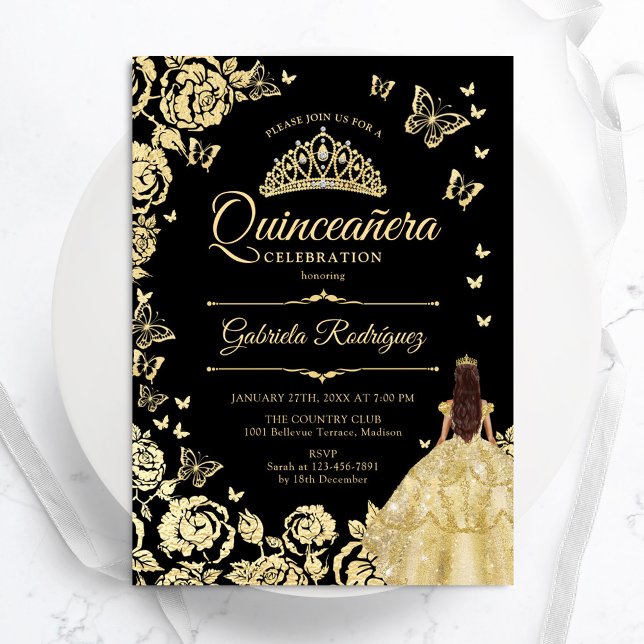 Convites Princesa Dourada Negra Quinceanera (Criador carregado)