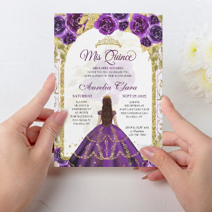 Convites Princesa Dourada Purple Floral Quinceanera