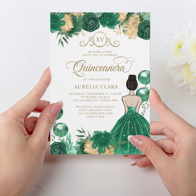 Convites Princesa Dourada Verde Floral XV Quinceañera Birth (Criador carregado)