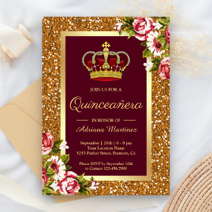 Convites Princesa Dourado Borgonha Floral Quinceanera do