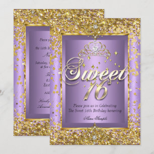 Convites Princesa Doze Aniversário Dourado Lavanda Roxo Fes
