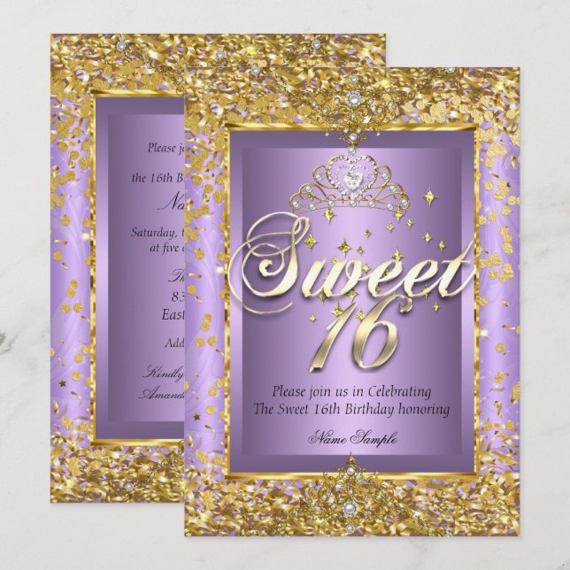 Convites Princesa Doze Aniversário Dourado Lavanda Roxo Fes (Frente/Verso)