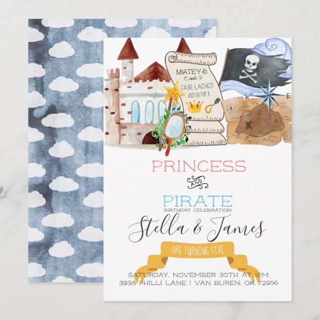 Convites Princesa e Festa de aniversário de Pirata (Frente/Verso)