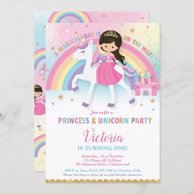 Convites Princesa e Festa de aniversário Unicórn - Castelo  (Frente/Verso)