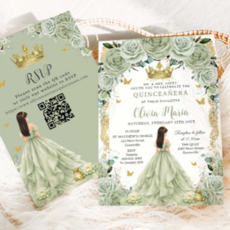 Convites Princesa e Sapo Verde Oliva Floral Quinceañera QR