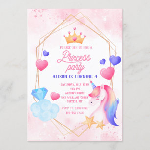 Convites Princesa e sua Festa de aniversário Unicórica