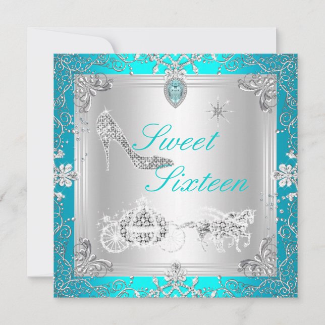Convites Princesa Elegante Diamante Azul Turquesa Doce 16 D (Frente)