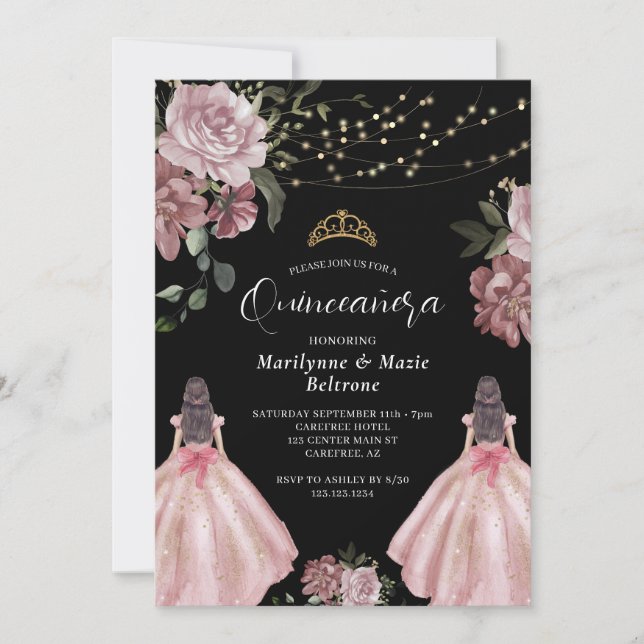 Convites Princesa Elegante Gêmeas Florais Quinceañera (Frente)