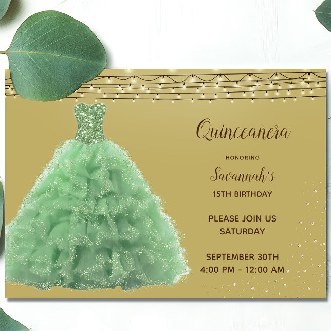 Convites Princesa Emerald Gown String Luzes Quinceanera (Criador carregado)