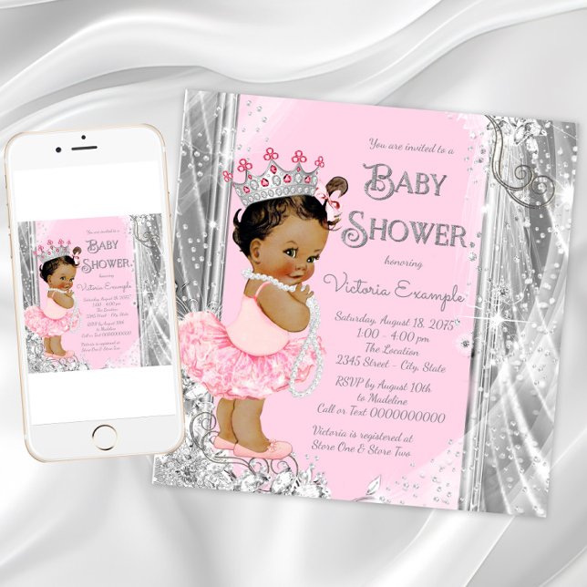 Convites Princesa Étnica Tutu Rosa Prata Chás de Bebê (Pink silver princess baby shower invitation. Instant download and printed invitations available.)