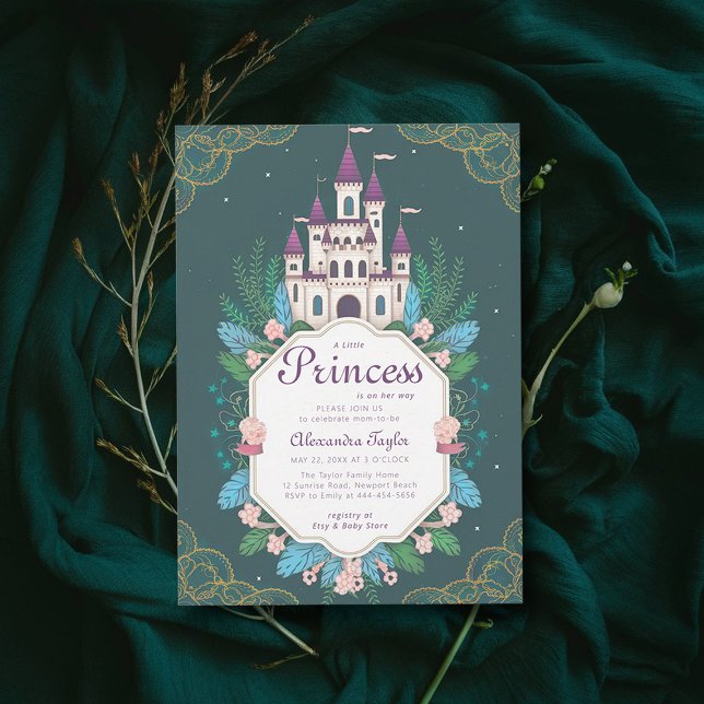 Convites Princesa Fairytale Castle Forest Baby Girl Chá (princess girl baby shower invitation enchanted forest magical castle emerald greenery frame)