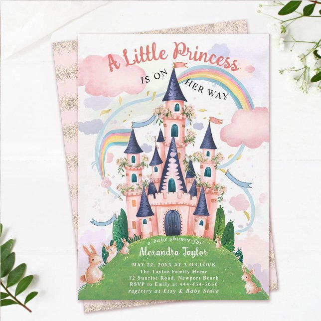 Convites Princesa Fairytalle Castle Bunny Baby Girl Chá (princess baby shower invitation pink fairytale enchanted garden bunny rabits magical castle cute)