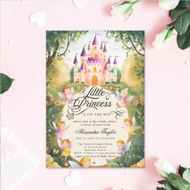Convites Princesa Fairytalle Castle Fairies Baby Girl Chá (princess baby shower invitation pink fairytale enchanted forest fairy godmothers magical castle)
