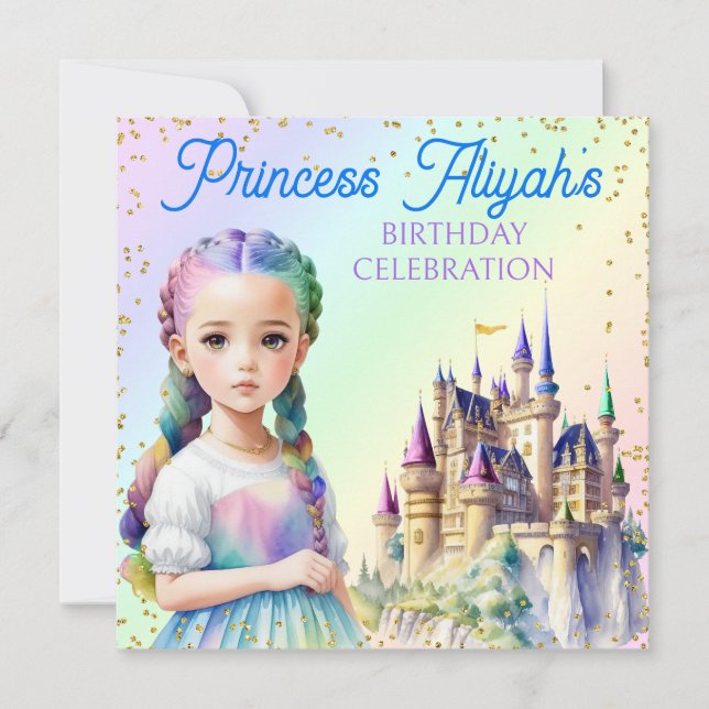 Convites Princesa Fantasia Castelo Arco-íris Pastel Mágico (Frente)