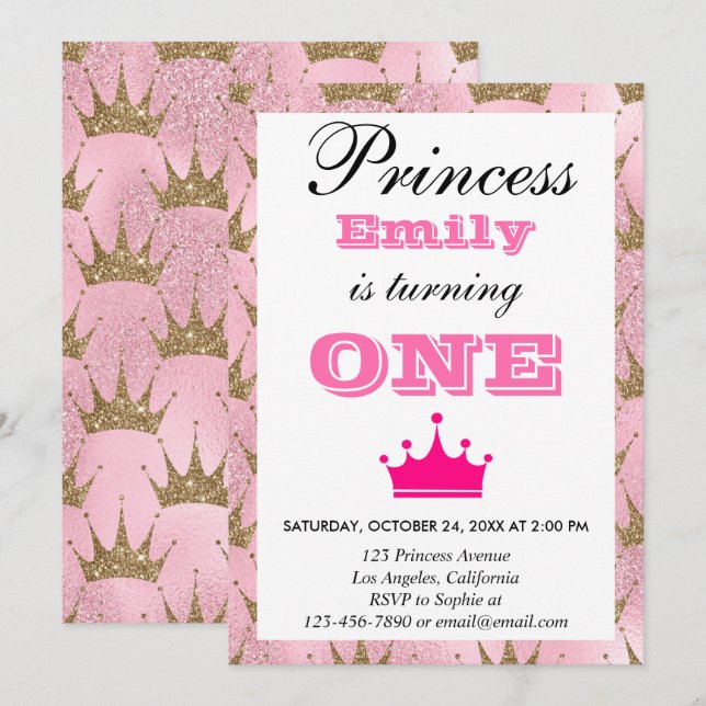 Convites Princesa Feminina Rosa e Dourado Brilho Primeiro A (Frente/Verso)