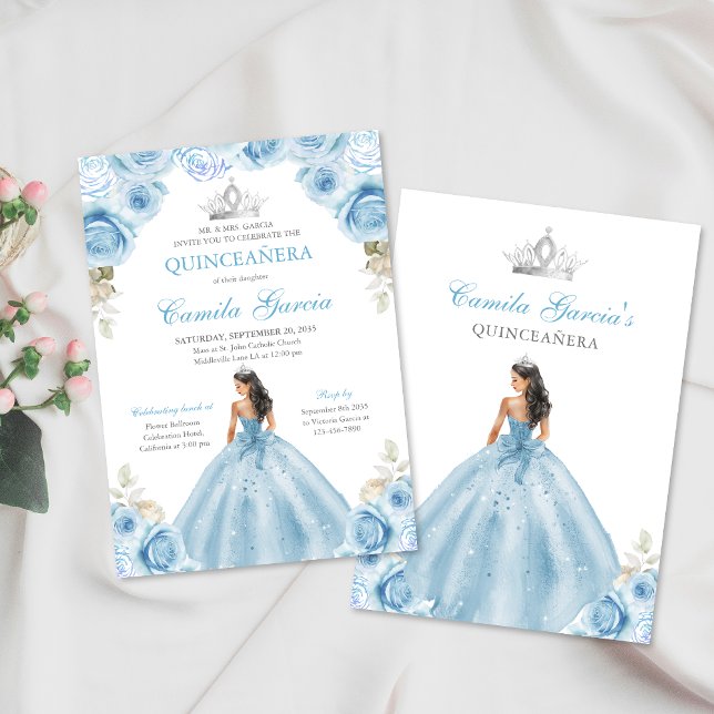 Convites Princesa Floral Azul-Claro e Prata Quinceañera (Criador carregado)