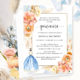 Convites Princesa Floral Azul Elegante Quinceañera