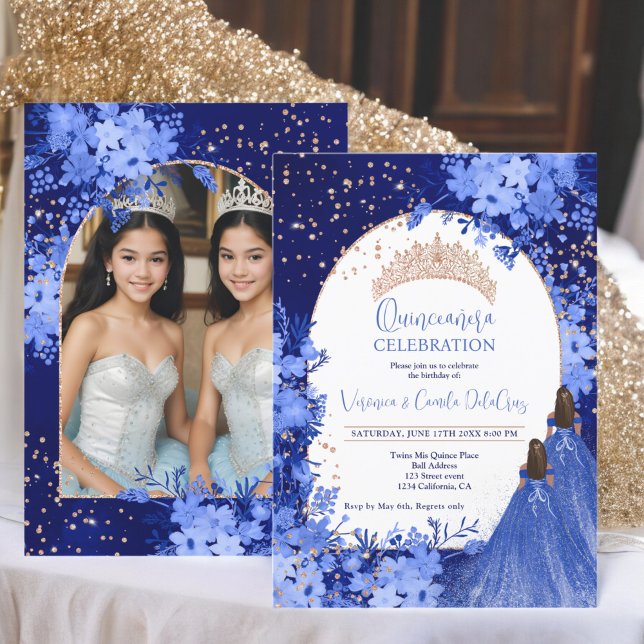 Convites princesa floral azul rosa de ouro Gêmeos Quinceane (Rose gold blue floral princess Twins Quinceanera Invitation)
