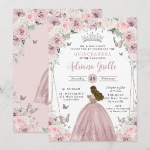 Convites Princesa Floral Branca e Blush Quinceañera XV 16