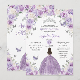 Convites Princesa Floral Branca Púrpura Quinceañera XV 16