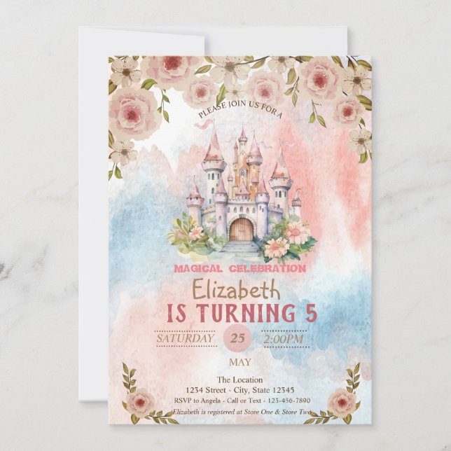 Convites Princesa Floral Castle Watercolor Birthday (Frente)