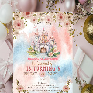 Convites Princesa Floral Castle Watercolor Birthday