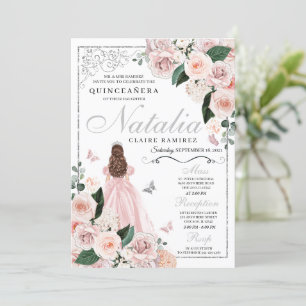 Convites Princesa Floral Cinza Rosa Blush Quinceanera