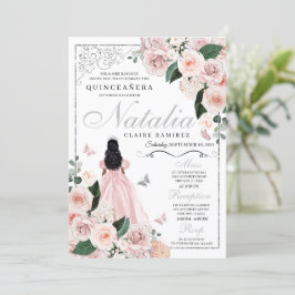 Convites Princesa Floral Cinza Rosa Blush Quinceanera