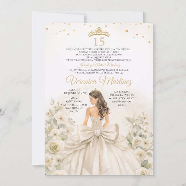 Convites Princesa Floral de Creme de Marfim Espanhol Sweet  (Frente)