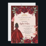 Convites Princesa Floral Dourada Burgundy 16<br><div class="desc">Elegante Burgundy Floral Princess Sweet 16 Convite</div>