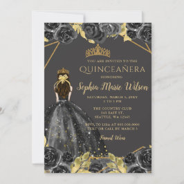 Convites Princesa Floral Dourada Elegante Quinceañera