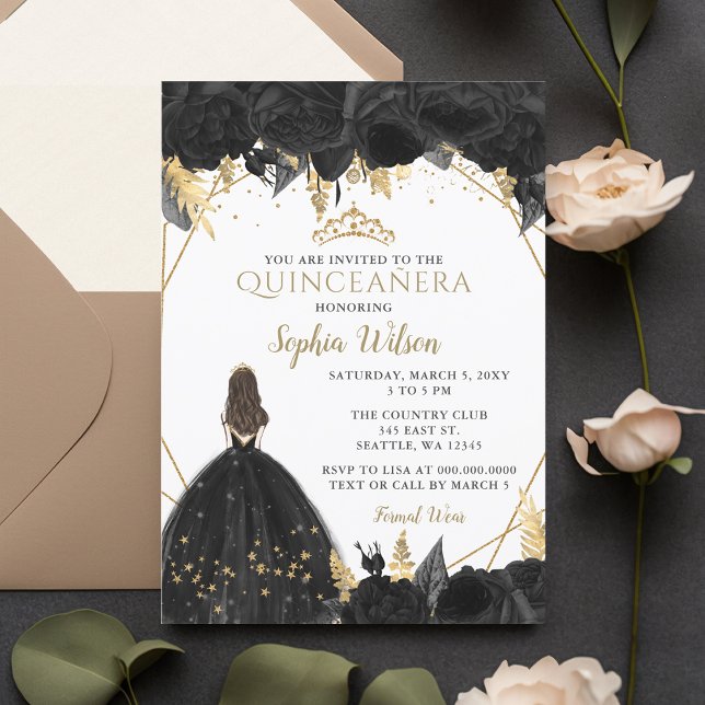 Convites Princesa Floral Dourada Elegante Quinceañera Inv (Elegant Black Gold Floral Princess Quinceañera Invitation)