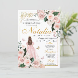 Convites Princesa Floral Dourada Rosa Blush Quinceanera