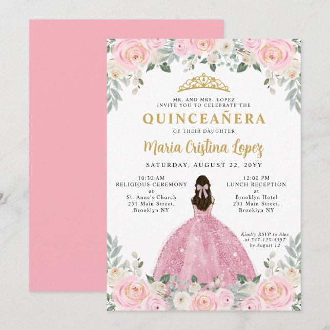 Convites Princesa Floral Dourada Rosa Blush Tiara Quinceañe (Frente/Verso)