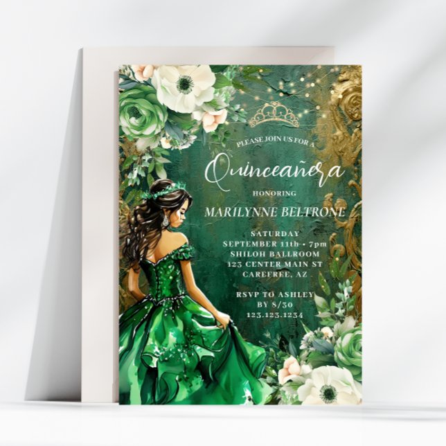 Convites Princesa Floral Dourada Verde Quinceañera (Criador carregado)