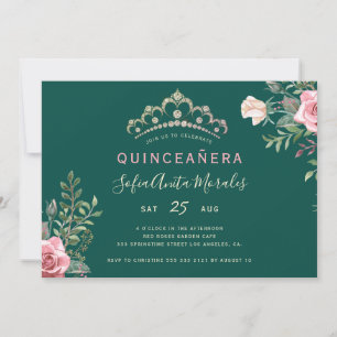 Convites Princesa floral elegante tiara verde Quinceanera