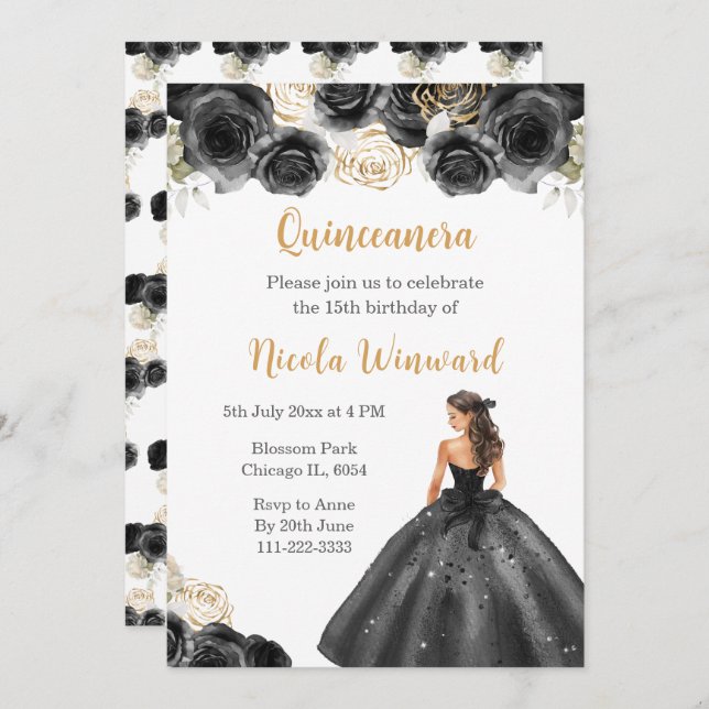 Convites Princesa Floral em Black Dress Quinceanera (Frente/Verso)