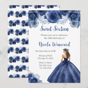 Convites Princesa Floral em Marinho Azul Vestido 16